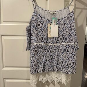 Blue Patterned Lace Trim Top